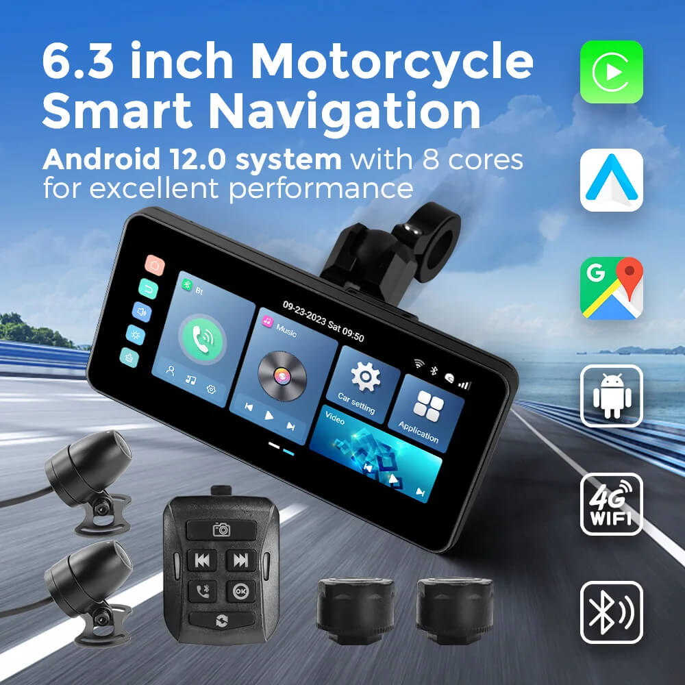 Écran d'affichage GPS Android 12 pour moto CarPlay Lite C5 Ultra avec caméra DVR